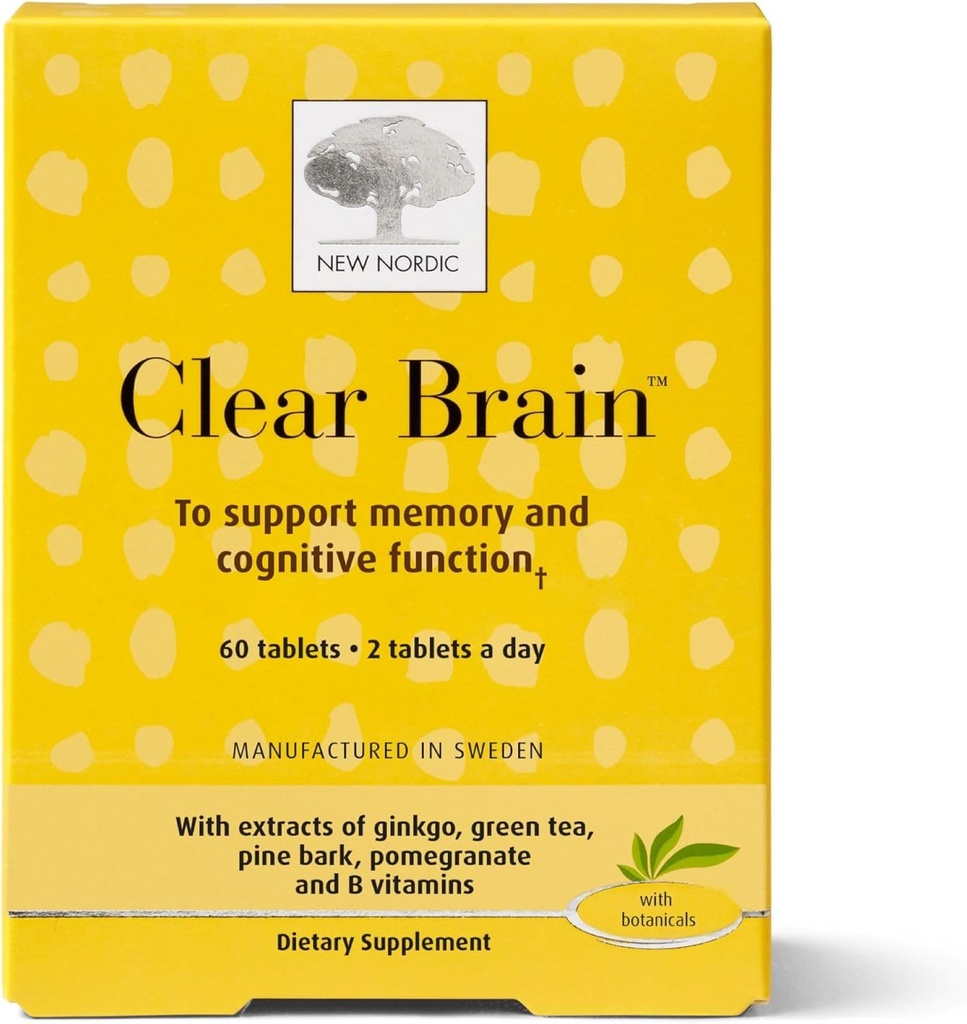 New Nordic Clear Brain Tablets, tukee normaalia kognitiivista terveyttä ja muistia, Green Tea ja Walnut, Ruotsin Made, 60 Count (Pack of 1)