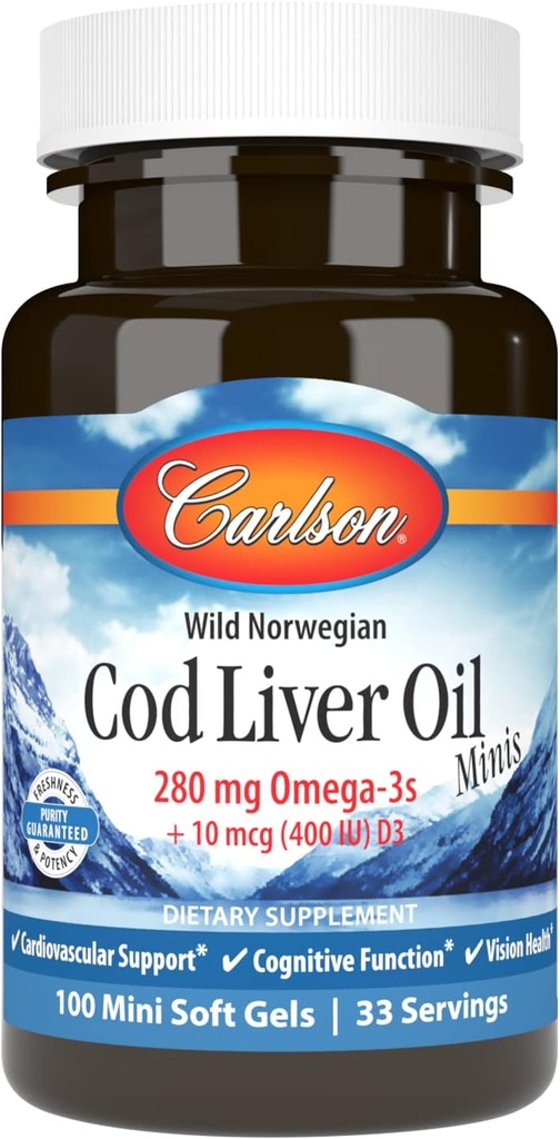 Carlson - Cod Liver Oil Minis, 280 mg Omega-3s + vitamin A och D3, norska, vildfångad, hållbart källad, 100 Mini Softgels