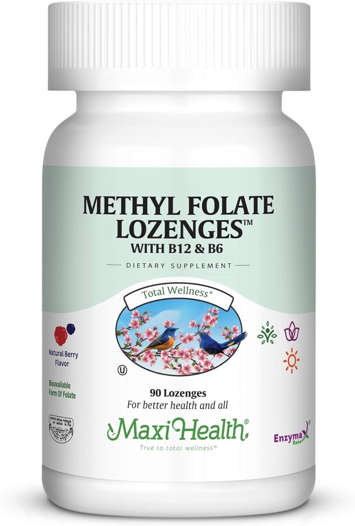 Maxi Health Metil Folate Lozenges z B12 & B6, aromatiziran spomin, kardiovaskularno zdravje Hormon in imunosubvanca Gluten prost, Kosher Berry, 90 Število
