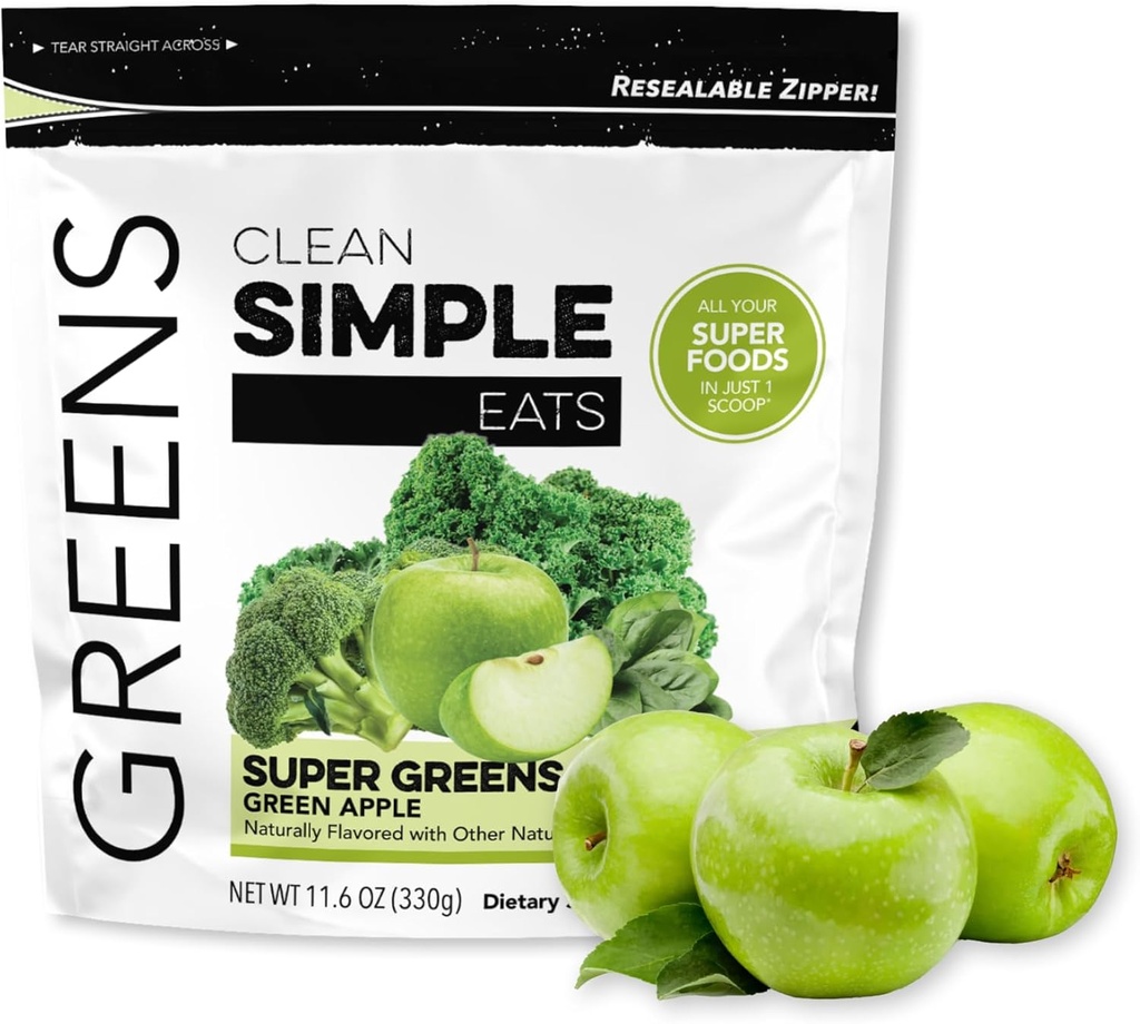 Clean Simple Eats Super Greens прах, естествено Ароматизирани зелени прах с Chlorella, Spirulina, Superfoods & Prebiotic Fiber, Без изкуствени съставки, Gluten Free, Green Apple Flavor, 30 Сервиз
