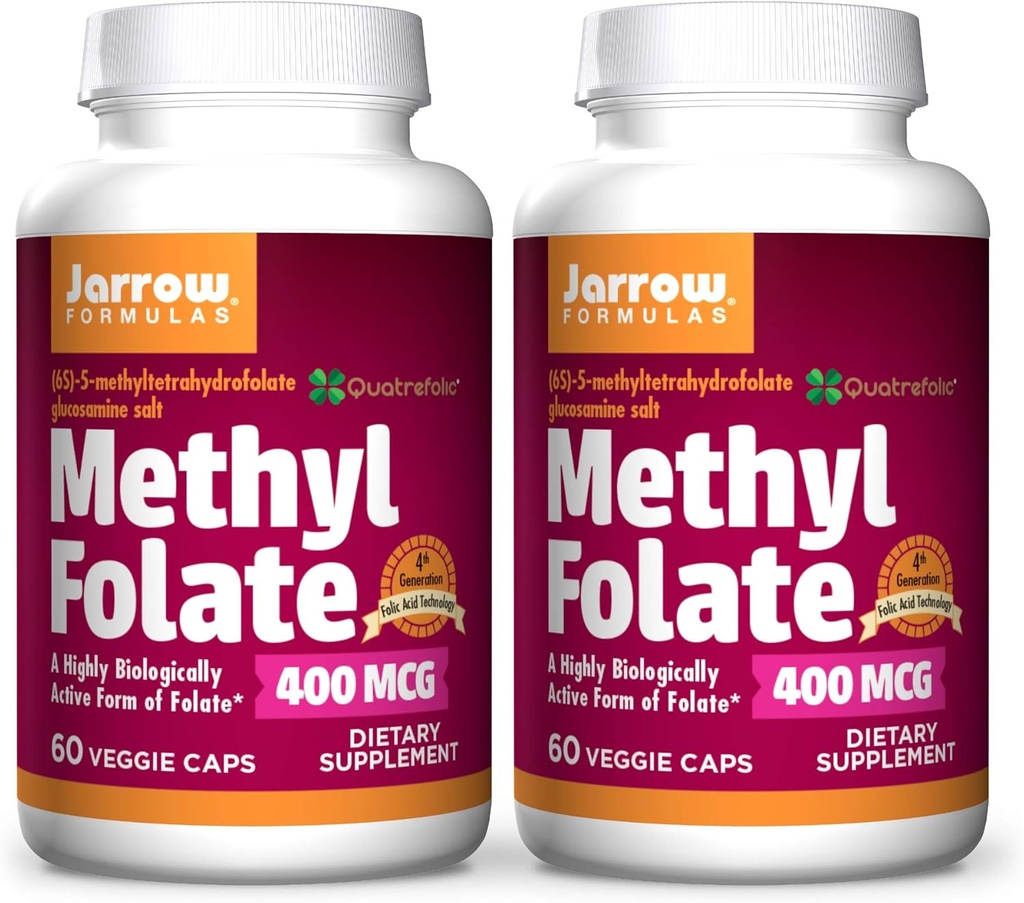 Jarrow Formula Methyl Folate 400 mcg - 60 Veggie Caps, Paket 2 - FOLN Aktif Sangat Biologis FOLD - Generasi 4 Folic Acid Technology - 120 Total Servis