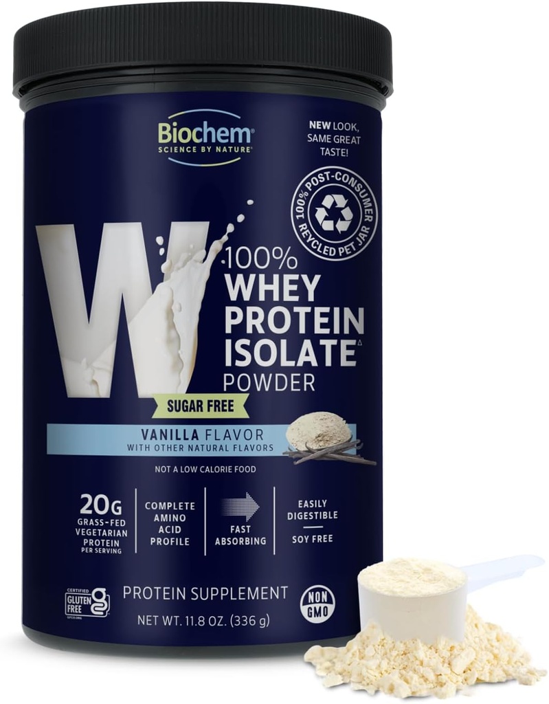 Biochem 100% Whey Sugar-Free Vanilla 20g, 11,8oz, Certified Vegetarian, Certified Gluten Free, Certified Non-GMO Testat, Keto Friendly, Grass-Fed