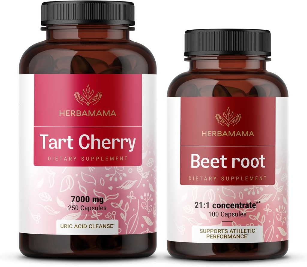 HERBAMAMA Tart Cherry eta Beet Root Kit - 7000 mg Tart Cherry & 21:1 Kontzentratu Beet Erro kapsulak - Vegan, Ez-GMO, Gelatin-Free - 2 Pack