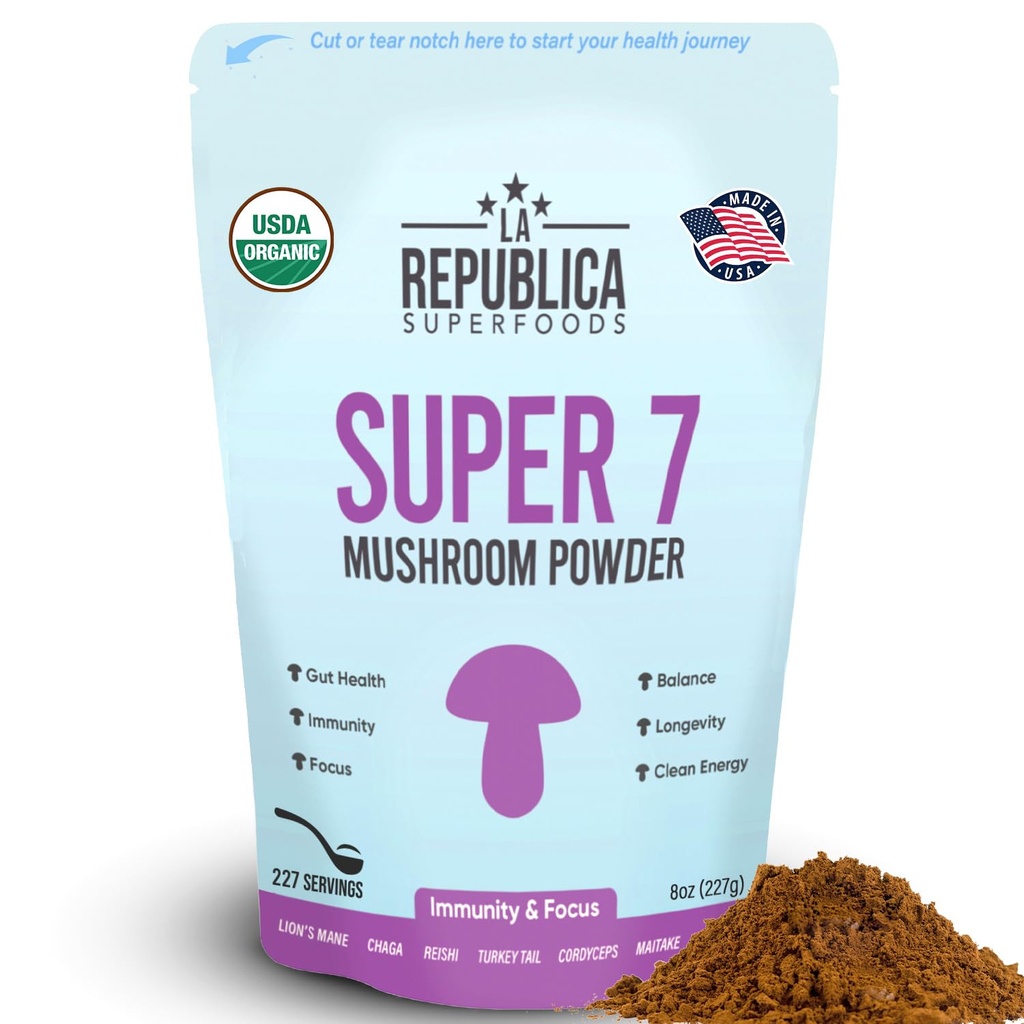 La Republica Superfood Super 7 Mushroom Extract Powder 8oz, Includes Lion's Mane, Reishi, Chaga, Cordyceps, Shitake, Maitake and Turkey Tail