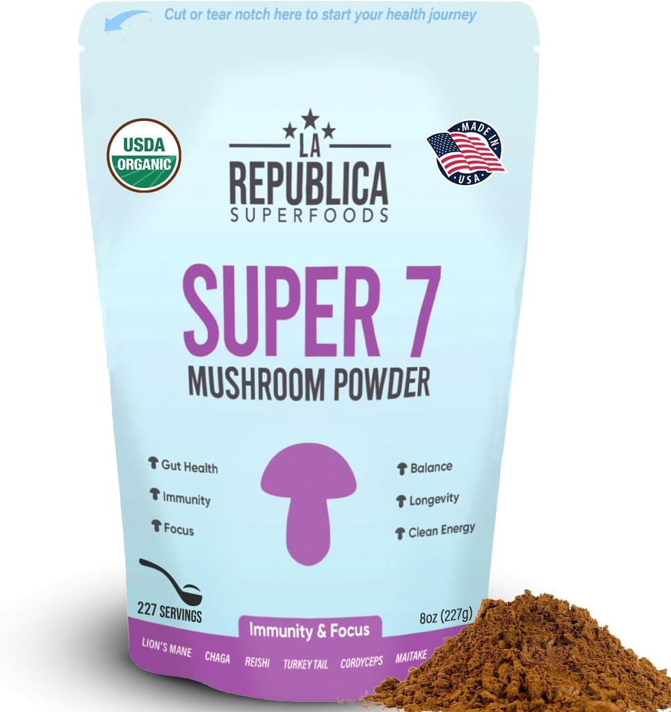 The Repúblicaa Superfoved Super 7-set-Buper Powder, Inclo que Lion's Mane, Reishi, Chaga, Cordops, Shira i Maitake, i Turquia Tail (8 oz)