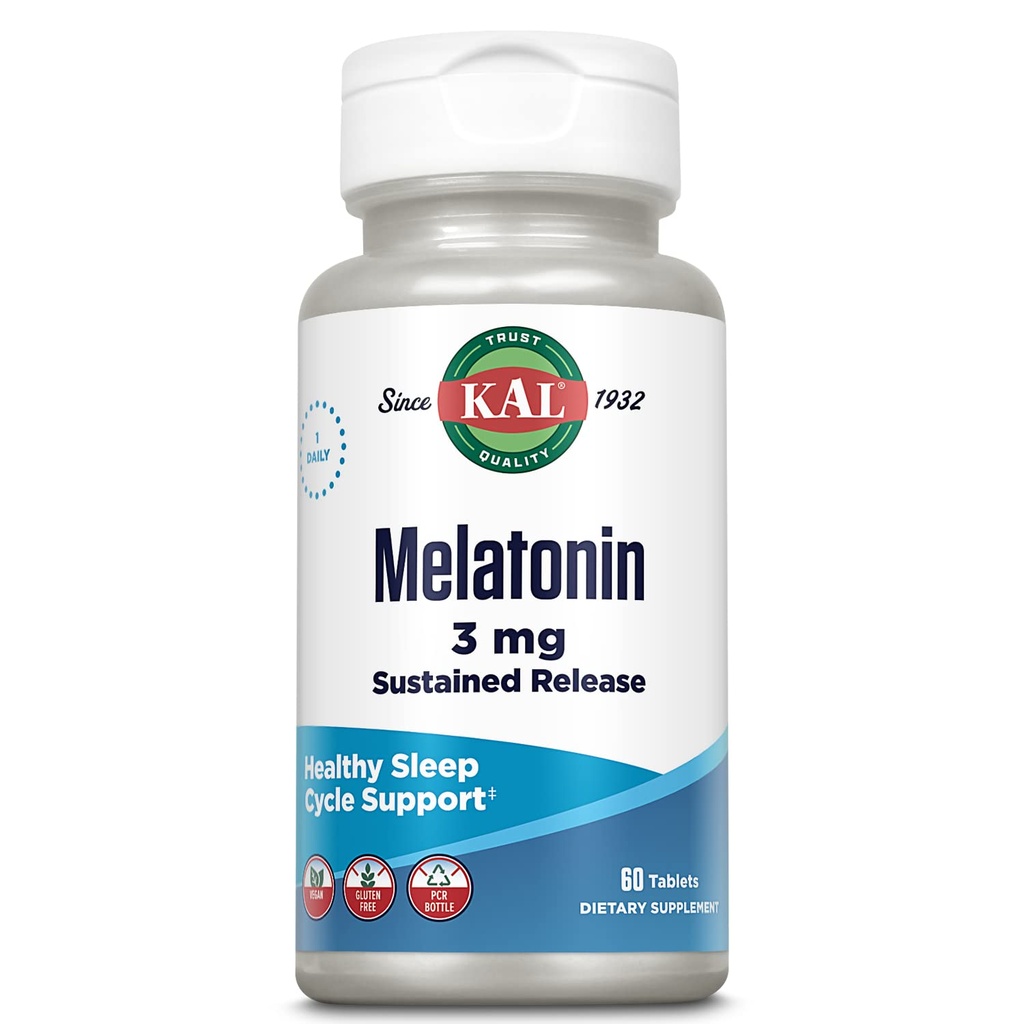 KAL Melatonin 3mg Sustained Release Sleep Aid, Melatonin Supplement Supports Healthy Relaxation, a Calm Feeling and a Proper Sleep Cycle, w/Added Vitamin B6, Vegan, Gluten Free 60 Serv, 60 Tablets