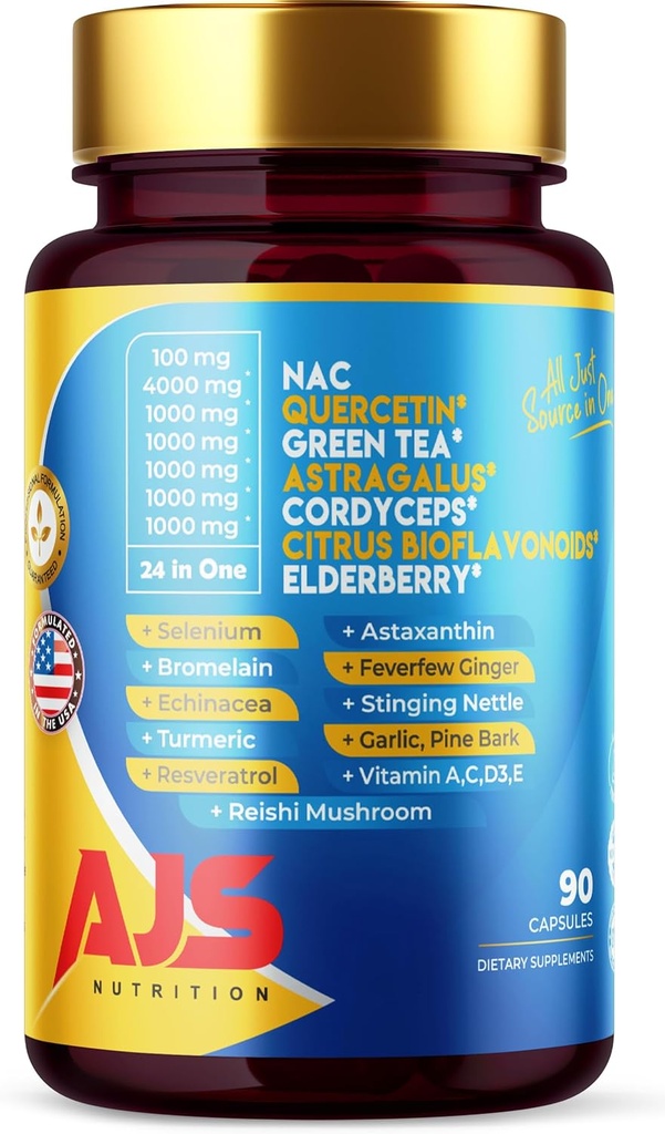 AJS Quercetin 4000mg avec Nac Green Tea Cordycepscitrus Elderberry Sélénium Bromelain Echinacea Turmeric Resveratrol Astaxanthin Feverfew Ginger Reishi Champignon 90 Caps 20 en 1