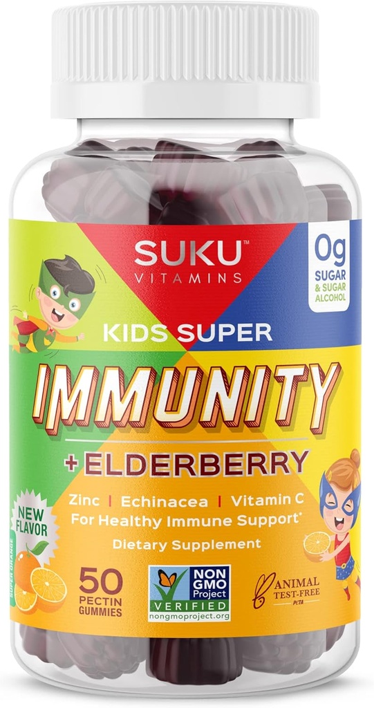 SUKU bitaminak - Kids Super Immunity - Elderberry, Echinacea, A bitamina eta Zink Gummies Immune euskarriarentzat - Easy to Chew - Non GMO, Gluten Sugar Free - Pomegranate Lime Gummy bitaminak, 50 Count