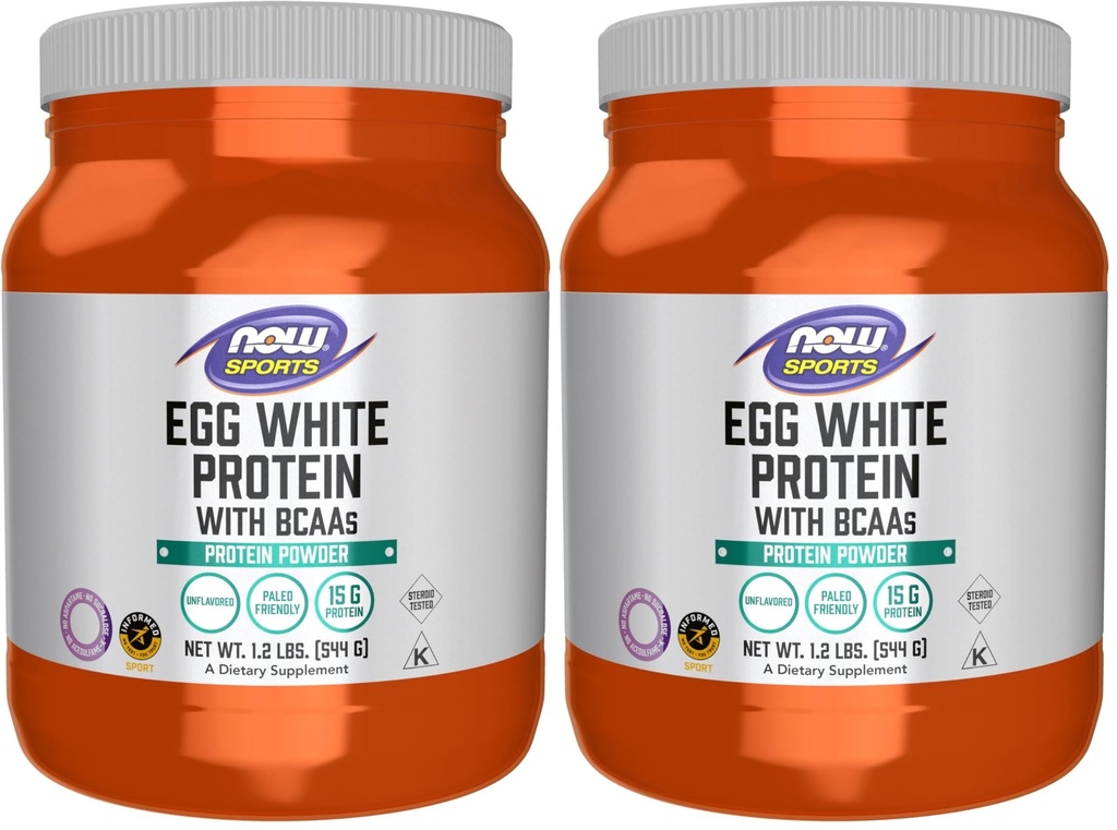 NOW Foods Sports Nutrition, Egg White Protein, 16 g with BCAAs, Unflavored Powder, 1.2-Pound (Pack of 2)