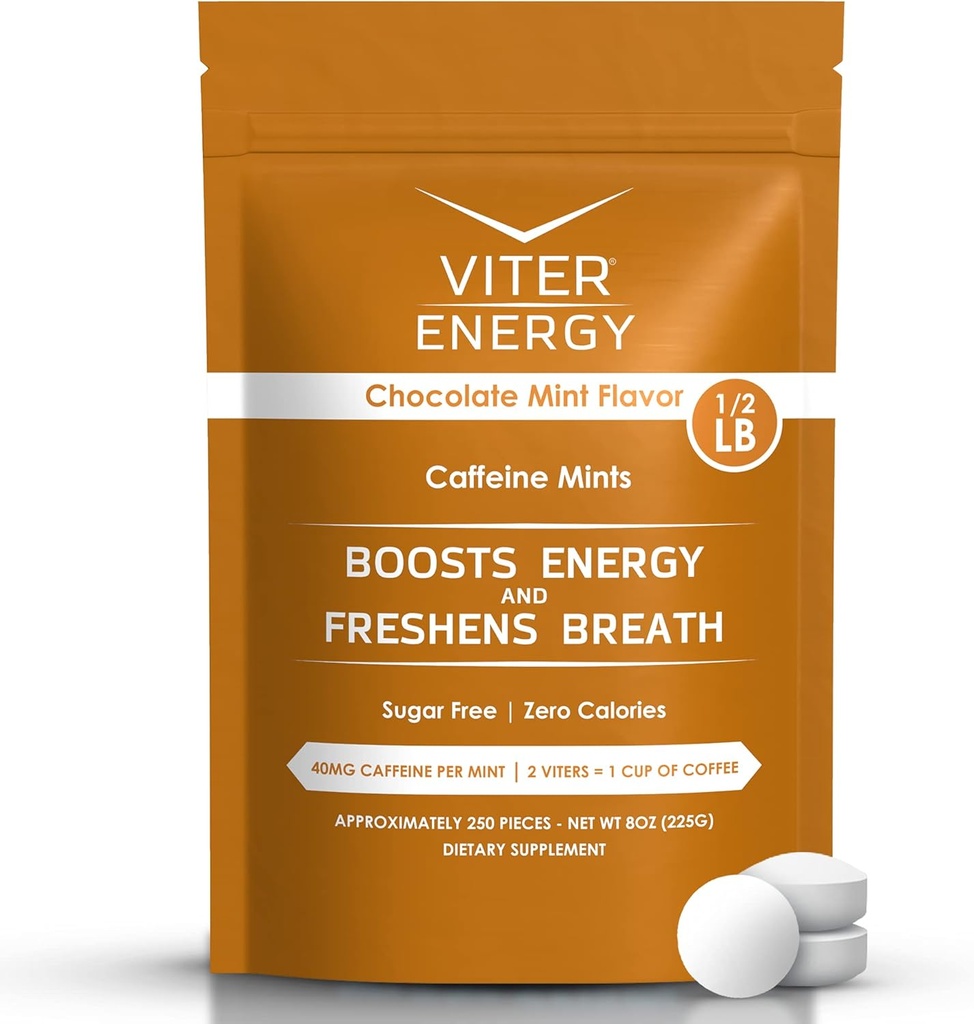 Viter Energy 40 mg Coffeine Mints - Cukr zdarma, B Vitamíny, Vegan, Posiluje rychlé energetické upozornění zaměření, Caffeinované Nootropní Doplněk pilulky (Čokoládová máta Flavor, 8oz, Bulk Bag)