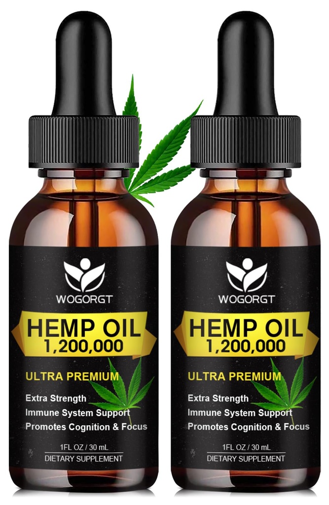 (2 Pack) Organic Hemp Oil - 100% Natural Hemp Oil Extract, Calming, Sleep, Relaxation, Immune Support, Rich in Omega 3, 6, 9 Fatty Acids, Vegan - 30mL