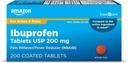 Basic Care Ibuprofen Tabletter, Feber Reduser og smertelindring fra kroppssmerter, hodepine, ledbetennelse og mer, Brown, 200 Count (Packaging kan variere)