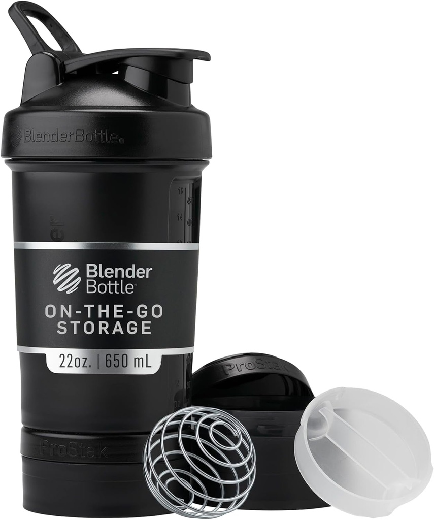 BlenderBottle Shaker Bottle with Pill Organizer and Storage for Protein Powder, Classic V2 ProStak System, 22-Ounce, Midnight Black