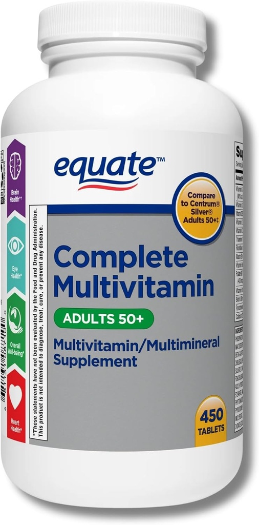Equate Aikuinen 50+ Yksi päivä Täydellinen Multivitamiini Multimineral Supplement Tabletit, terve aivot*, Vertaa Centrum Silver, 450 pillereitä (Pack of 10) L6