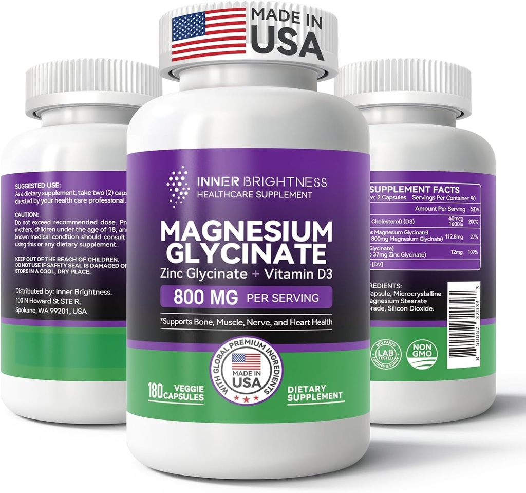Magnesium Glycinate - Magnesium Suplemen dengan Zinc & Vitamin D3 untuk Tidur, Imune, Bone & Muscle Dukungan dan Kesehatan Jantung - Non-GMO, Bebas, Lembut pada Perut - 180 Vegetarian Capsules