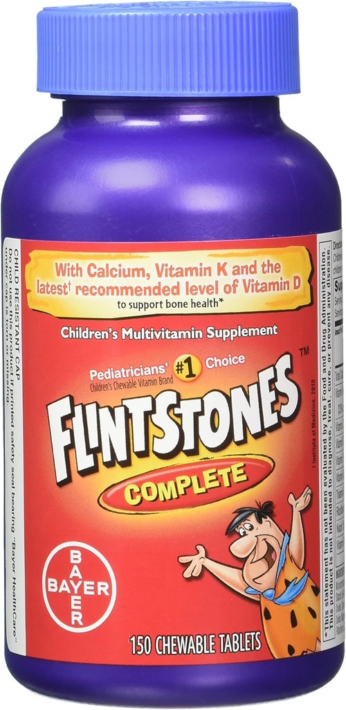 Flintstones Chewable Kids Vitamins, multivitamínico completo para nenos e Toddlers con ferro, calcio, vitamina C, vitamina D e máis, 300ct (Pack de 2 150 botellas)
