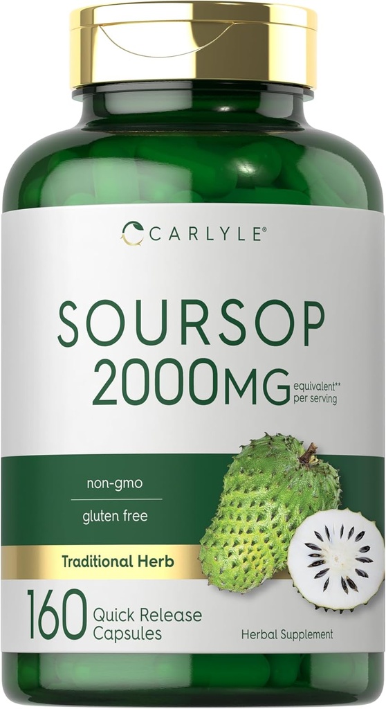 Carlyle Soursop Folhas 2000mg 160 Cápsulas Herb Tradicional Não OGM, Suplemento sem glúten