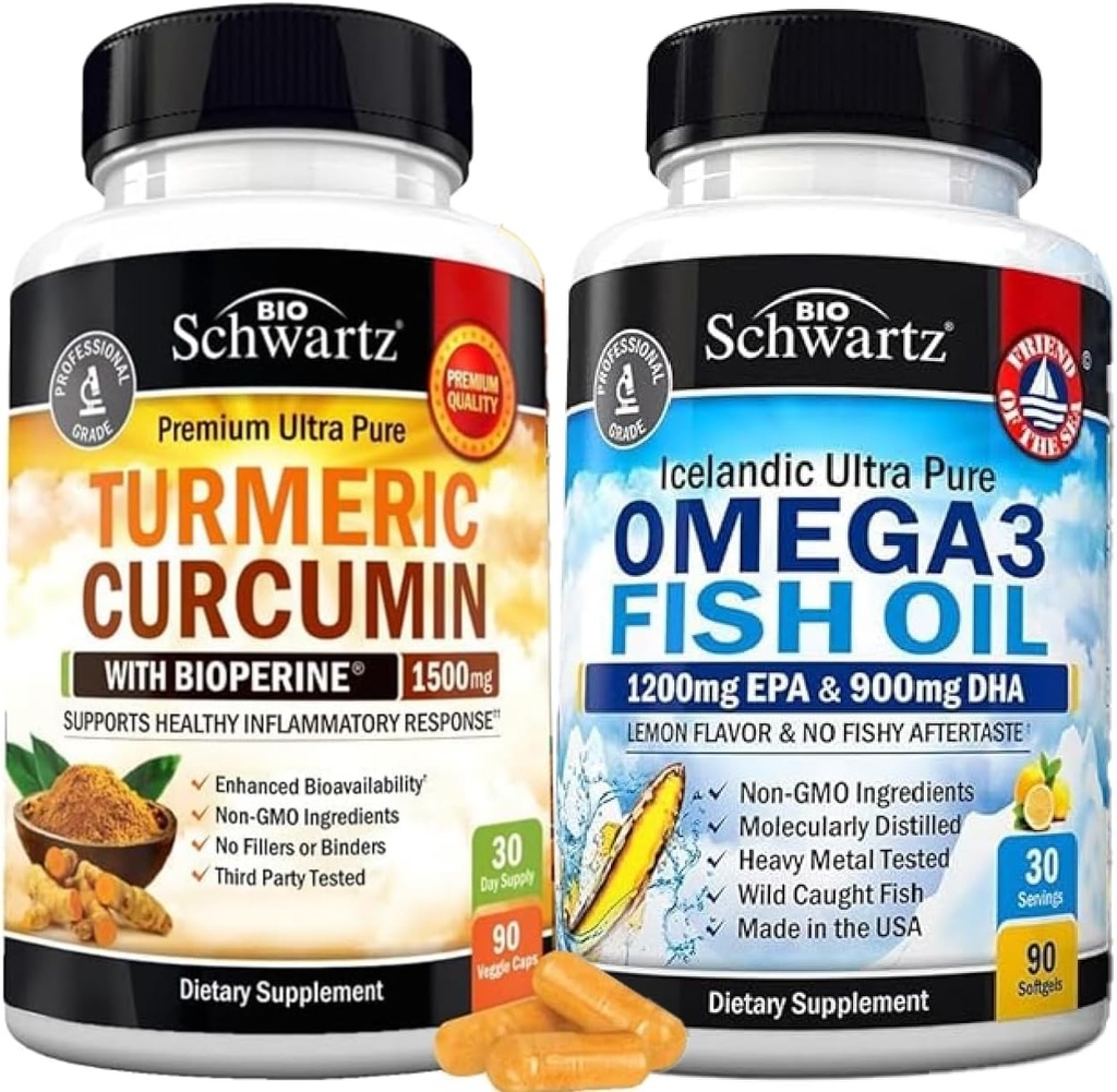 אומגה 3 שמן דגים Softgels (1 חודש אספקה) Plus Turmeric Curcumin עם Black Pepper לחלץ 1500 מ"ג תרכובת (גודל פלילי)