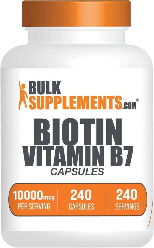 BulkSupplements.com Biotin 10000mcg Capsules - Biotin supplement, Biotin Vitamins for Hair, Skin and Nails, Vitamin B7 - Gluten Free, 1 Capsule per Serving, 240 Capsules (Pack of 1)