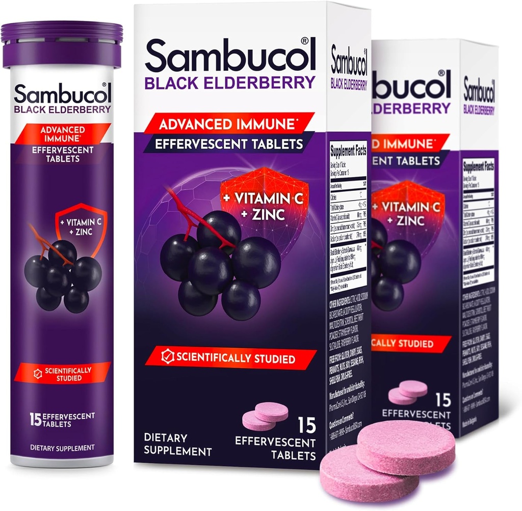 Sambucol Black Elderberry Tablete cu vitamina C & Zinc - Supplement de sprijin imun, Black Elderberry cu zinc și vitamina C Tablete efervescente, Antioxidanți mari, Bea Fizzies- 30 Conte