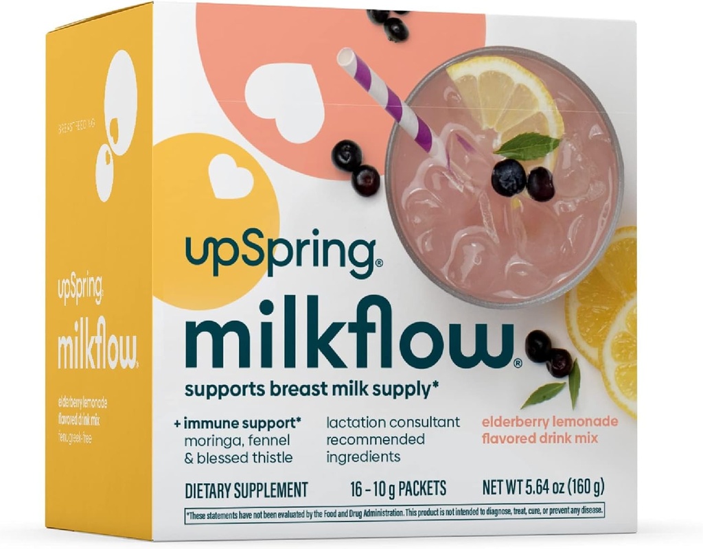 UpSpring Milkflow Imunity Support Kojení Dodatek Pij Mix Fenugreek- Free, Moringa Elderberry Lemonade Flavor, Kojení Dodatek k podpoře zásobování prsu Mlékem, 16 Mixes