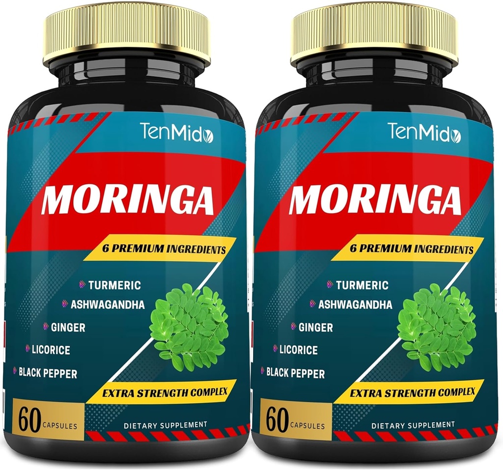 2 Packs Moringa Capsules, 4 hónap ellátmány kurkuma, Ashwagandha, Ginger, édesgyökér, Fekete Bors 124; Immuntámogatás, Energy Booster