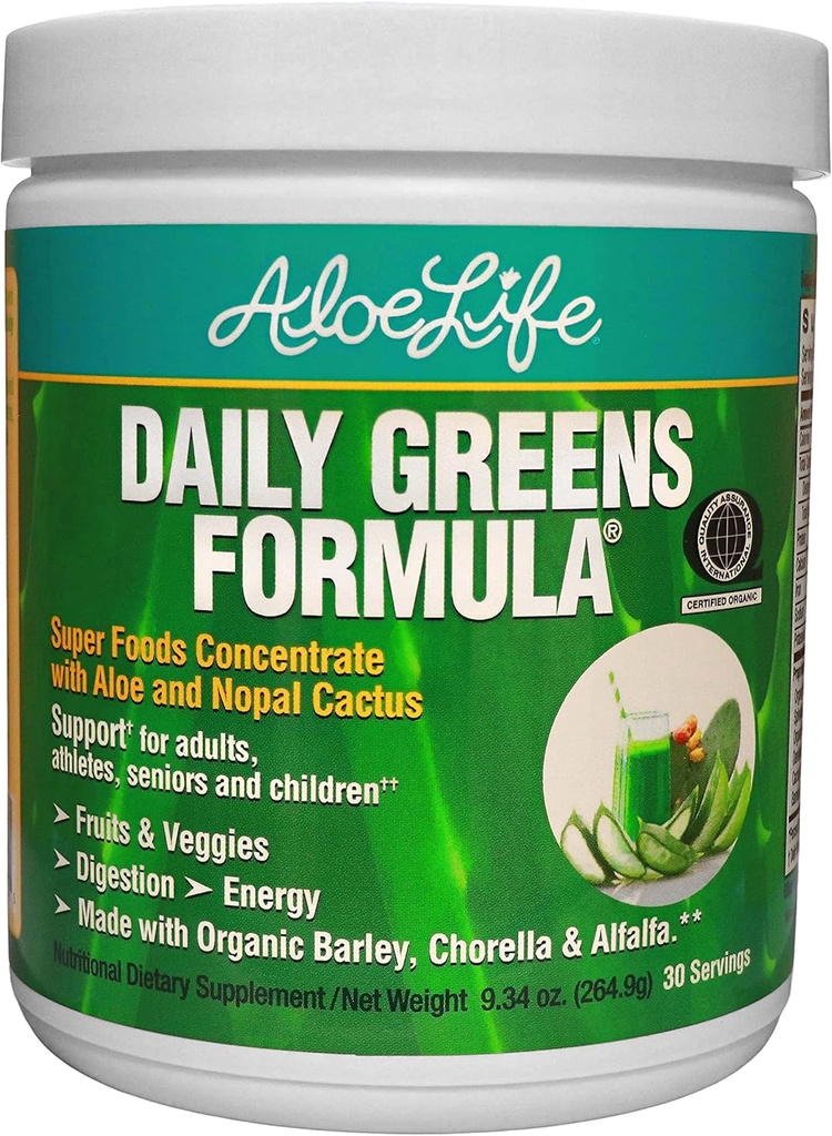 Aloe Life - Daily Greens Powder,QAI认证的有机健康补充剂,抗氧化剂,21种水果,Veggies, & herbs 包括Aloe & Nopal Cactus,低卡路里,Keto-Friendly,Gluten-Free(30种服务)