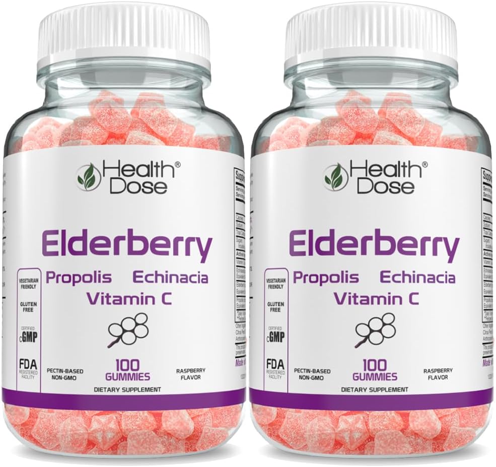 Salud Dose Elderberry Sambucus Gummy Vitamins Kids 100 Gummies. con Propolis Extract, Echinacea, Vitamina C, Yummy Raspberry Flavor, Vegan, Gluten-Free, Defense, Immune Support Booster. Paquete de 2