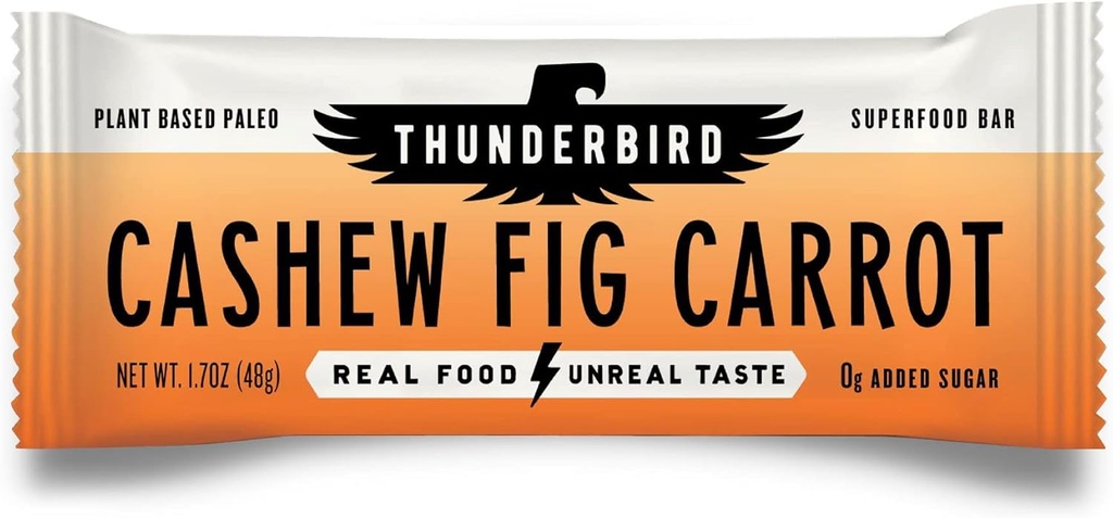 Thunderbird Bars Energy Snack, sans gluten avec des protéines, aliments sains, Paléo végétalien non-OGM, Pas de sucre ajouté, Cashew Fig Carrot Flavor (12 comte, 1,7 oz. Bars)