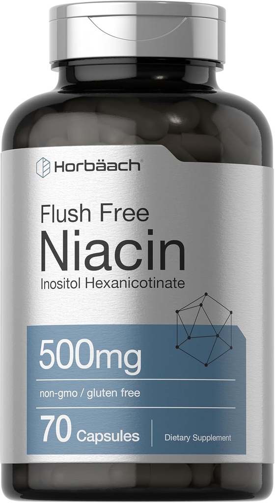 Horbaach Niacin 500mg - 70 Capsules - Flush Free supplement | as Inositol Hexanicotinate - Non-GMO and Gluten Free supplement