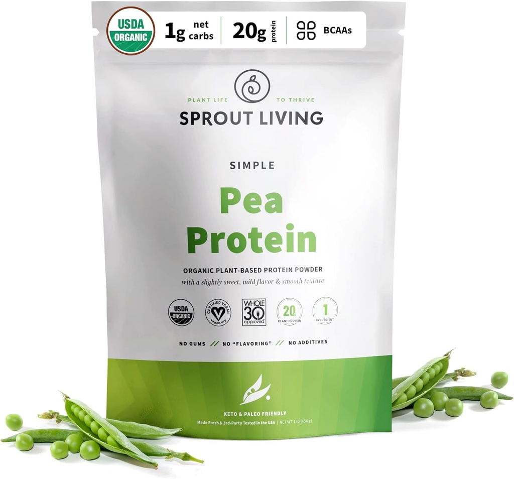 Sprout vivo orgânico ervilha proteína em pó, sem sabor, 20 gramas de planta base de proteína orgânica em pó sem adoçantes artificiais, Não lácteos, Não-GMO, Vegan, Glúten livre (1 libra, 19 Serves)