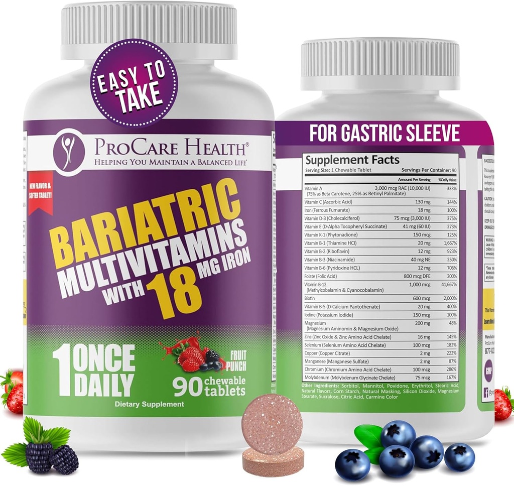 ProCare Health Bariatry Chewable Multivitamine with Iron 18mg (90 Tablets) - Fruit Punch Flavor - dla pacjentów z przedostaniem się do żołądka i sleeve Gastrectomia * (3 Supply Month Supply)