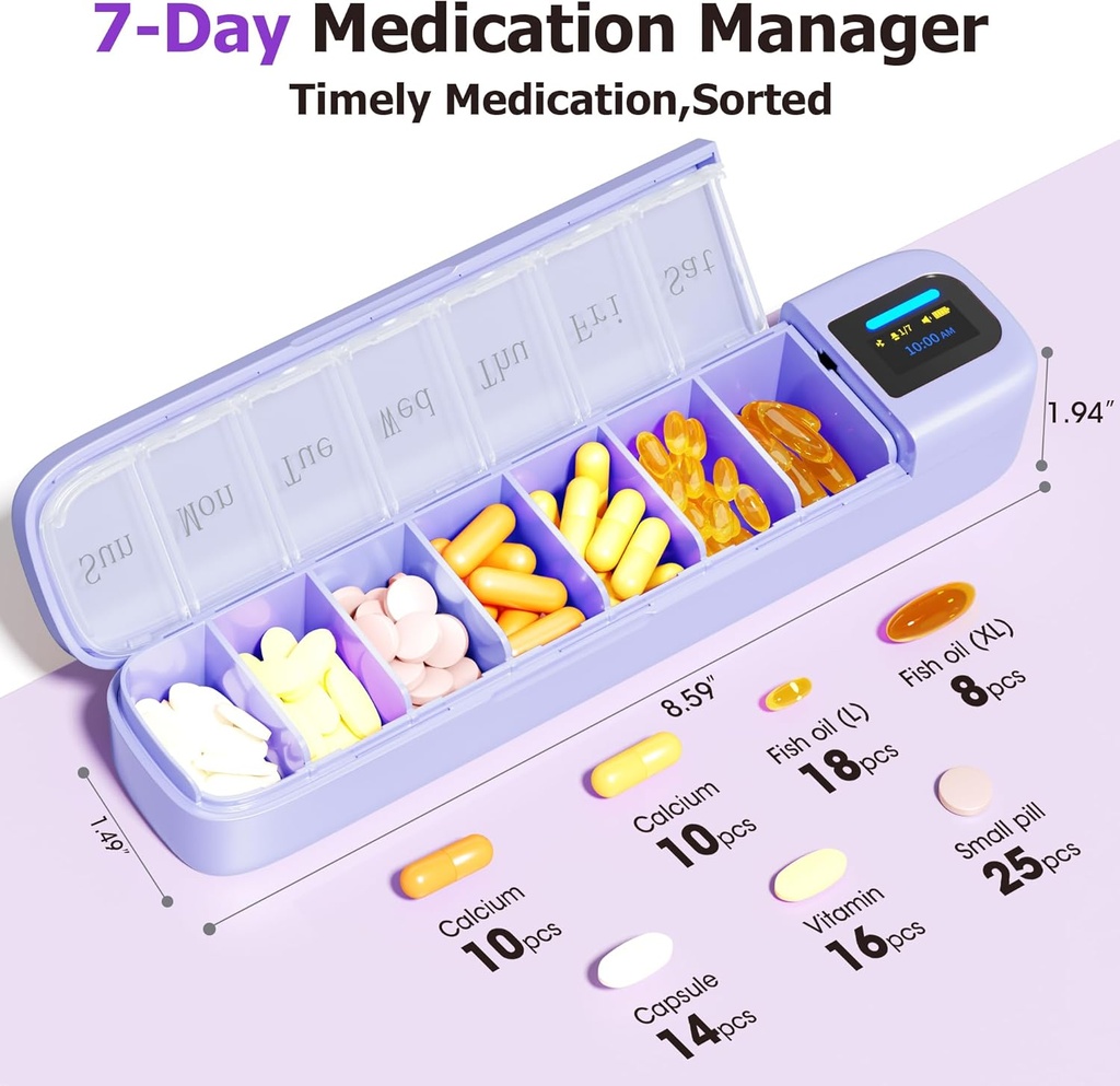 Daviky Smart Pill Organizators ar Trauksmi, Bluetooth Daily Vienreiz dienā Pill Box 7 Day with APP, Weekly Travel Pill Case, Portable Pill Reminder Medikamentu, uztura bagātinātāju un vitamīnu (Purple)