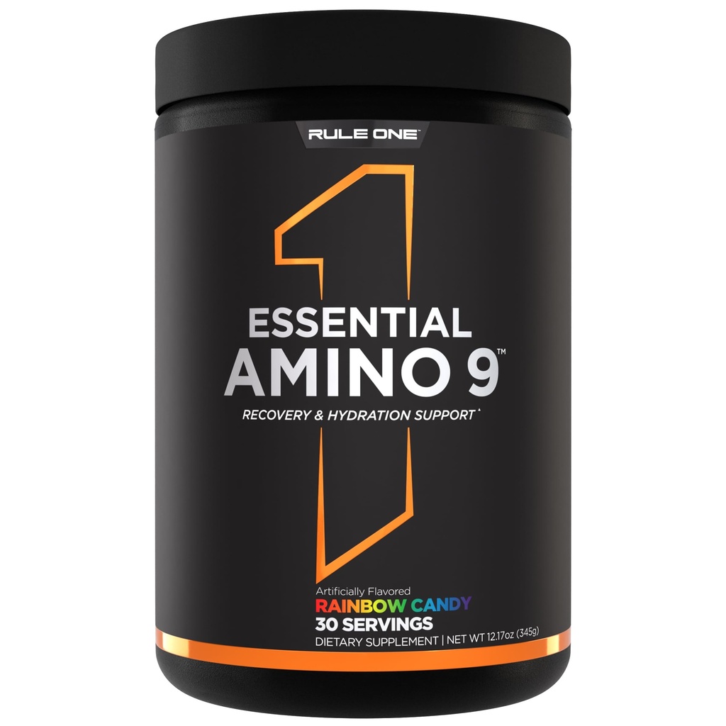 Rule 1 Proteins Essential Amino 9 – Recovery & Hydration Support with 7.5g of Essential Amino Acids + Electrolytes (30 Servings, Rainbow Candy)