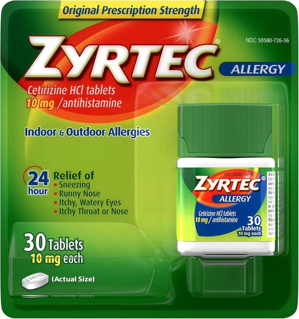 Zyrtec 24 ur Alergija Relief tablete, 10 mg Cetirizin HCl Antihistaminik Alergija Medicina, 30 ct rdeča