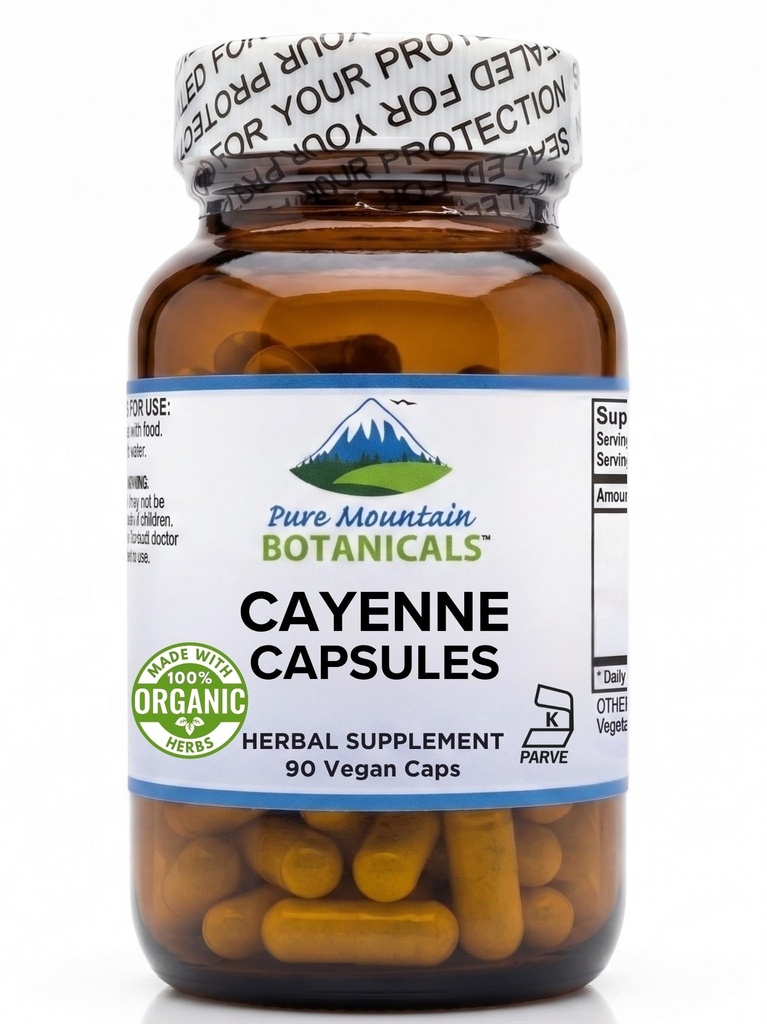 Pure Mountain Botanicals Cayenne Pepper Capsules - 90 Kosher Vegan Caps - 500mg Organic Cayenne Pepper Supplement with Capsaicin - 40000-60000 HU