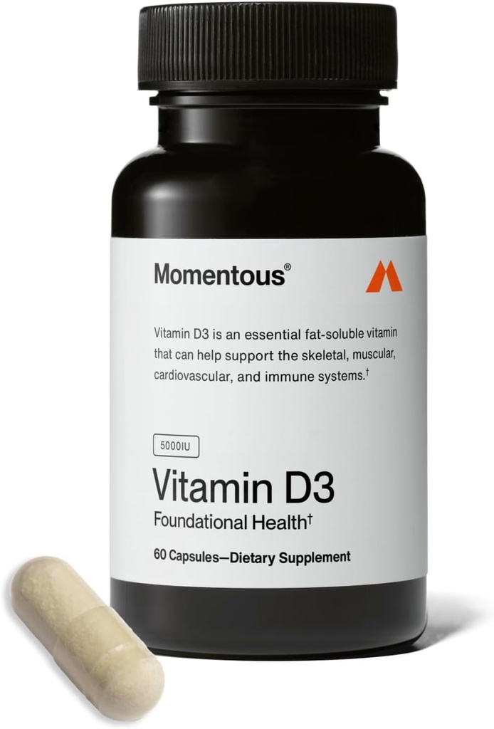 Supliment de vitamina D3 Momentous - 5000 UI capsule pentru suport medical Fundational - NSF Certified for Sport - Gluten-Free - 60 Servings