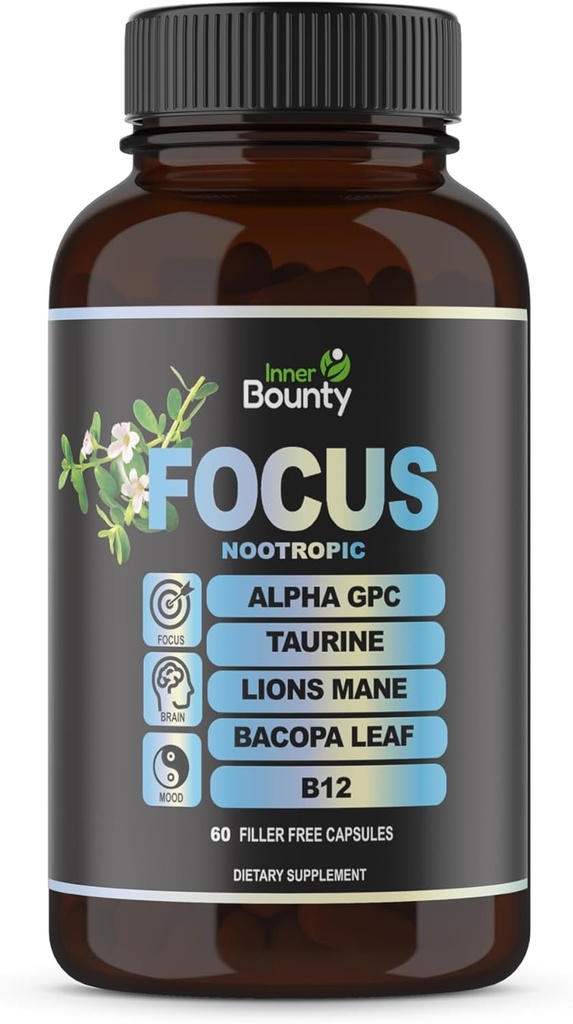 Fokus 14-v-1 Nootropic Brain Supplement z Lions Mane, Alpha GPC Choline, Vitamin C & B12, Taurin, Bacopa - Energija, kognitivna, spominska podpora, 60 Filler proste kapsule