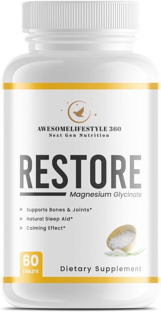 Awesomelifestyle360 Next Gen Nutrition Restore 마그네슘 글리세라이드 천연 수면 비타민 Calm 뇌, 뼈 및 관절 지원, 천연 수면 보조 - (60 정제)