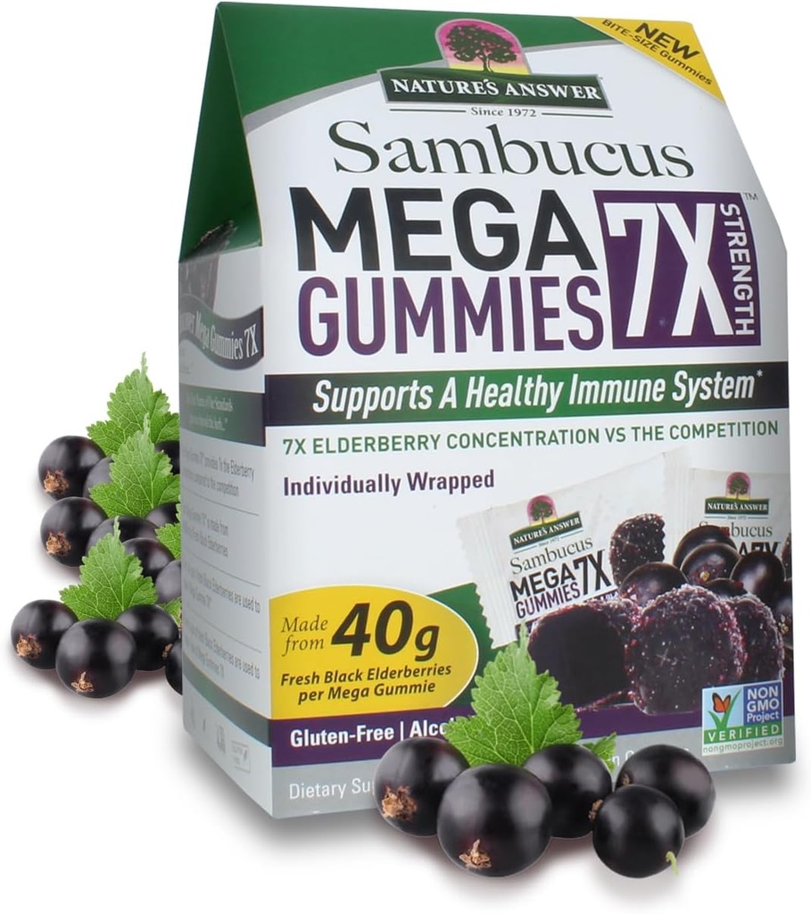 Resposta da natureza Sambucus Mega Gummies 7X Mais Concentração de Alho-de-Elderberry, Livre de álcool, Sem glúten, Gelatina-livre, Vegan, Não-GMO & Sem conservantes