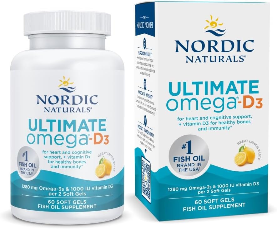 Nordic Naturals Ultimate Omega-D3, Lemon Flavor - 60 Soft Gels - 1280 mg Omega3 + 1000 NE D3-vitamin - EPA & DHA - Promotes Brain, Heart, & Immune Health - 30 Servings