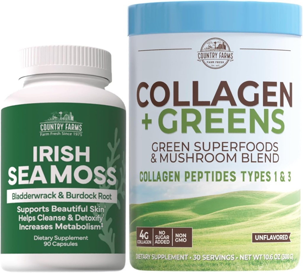 חוות כפריות "Beauty Pack Collagen + Greens Irish Sea Mosss, Collagen for Skin, Hair growth, Nails & Joints, Ultimate Beauty Support Gift, Pack of 2