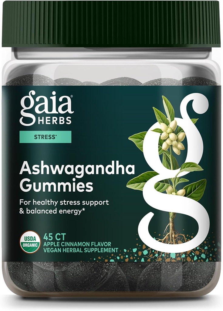 Gaia Herbs Organic Ashwagandha Gummis, Stress Support, Cinnamon, Ginger, Glutenfrei, Vegan, 45 Count