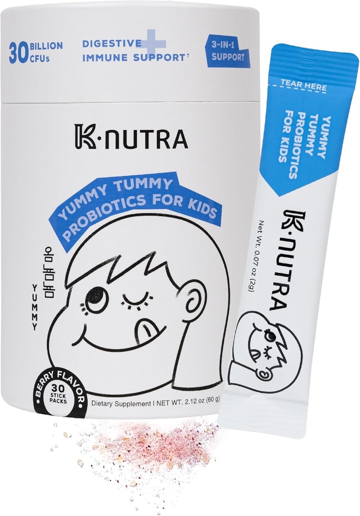 K-Nutra Yummy Tummy Probiotics for Kids | 2.12oz (30 Sticks) | 3-i-1 Prebiotic & Probiotic Powder | 30 miljarder CFUs | Kliniskt testad | Stöder Digestive & Immune Health | för Ages 3 +