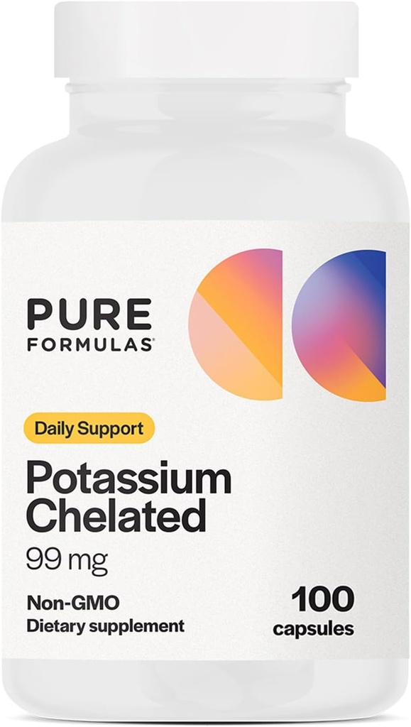 PureFormulas Suplemento de Potasio Chelated 99 mg Altamente Absorbable Pure Potassium Formula for Energy, Nerve, Muscle, Kidney, Heart, and Skeletal Support, Non-GMO - 100 cápsulas vegetarianas