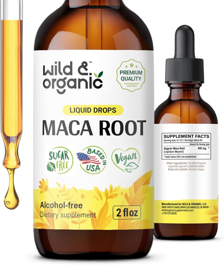 Wild & Organic Maca Root Drops for Women & Men - Mood, Focus, Active Lifestyle - Perui Maca Supplement - Vegan, Sugar & Alcohol- Free Tinkture - 2 fl oz