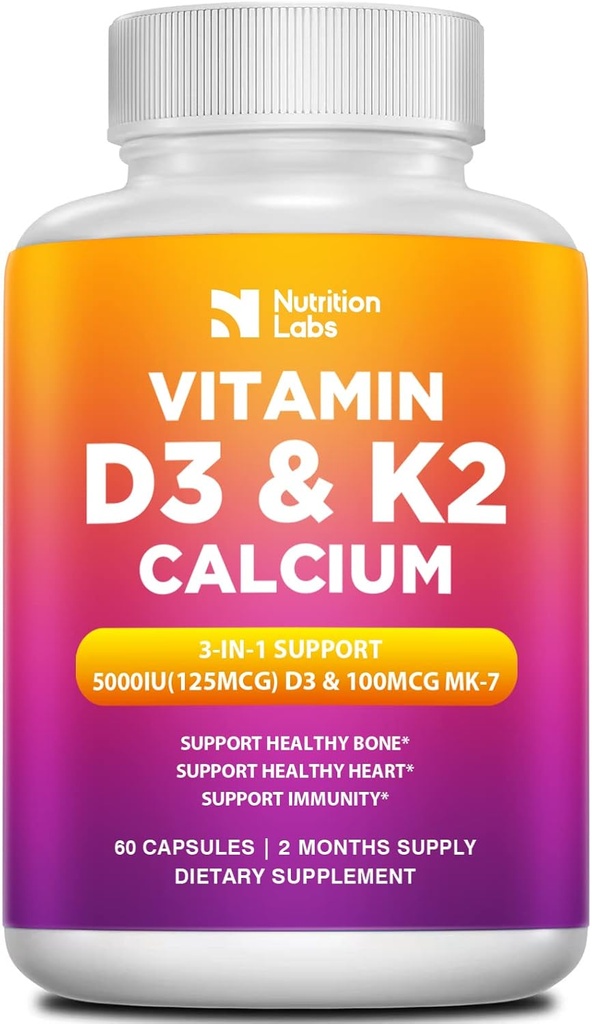 Vitamine D3 K2 5000 UI supplément avec du calcium, multivitamines soutient la santé immunitaire, les os forts, les dents et les fonctions cardiaques avec extrait de poivre noir biopérine 60 comte (paquet de 1)