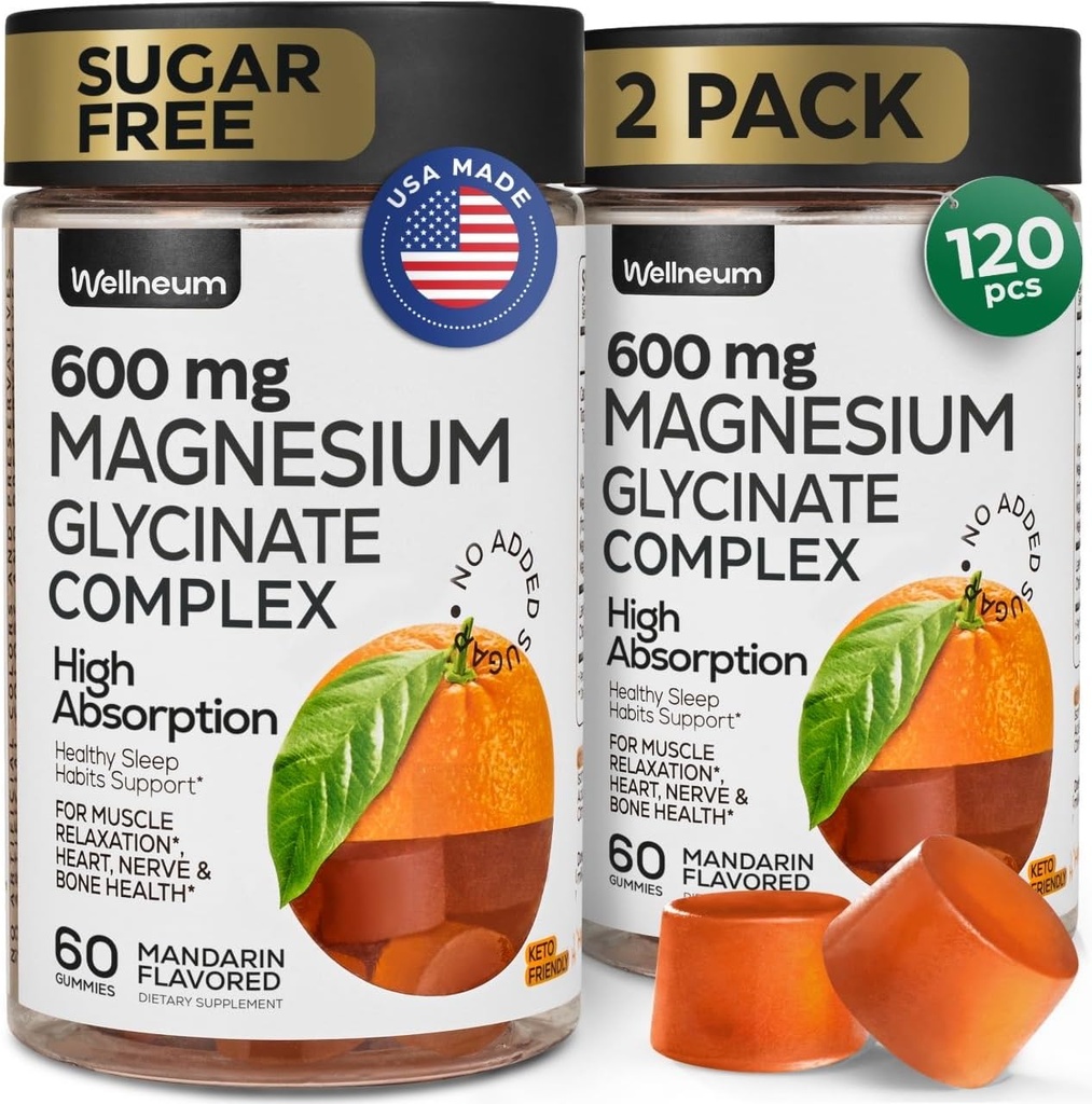 Magnézium Glycinate Gummies 600Mg 2 Balenie - Vysoká absorpcia, Triple Calm Magnézium Complex - Žuvačky na relaxáciu a spánok - Gummy doplnok s vitamínom D - Vegan, bez cukru, Gut Friendly