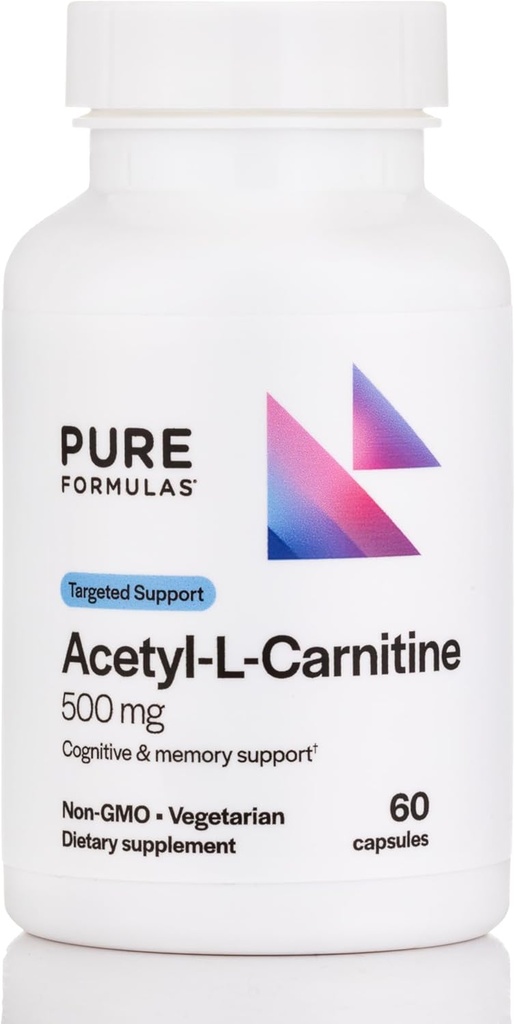 PureFormulas Acetyl L-Carnitine Cognitive & Memory Support L Carnitina Supplemento per Cervello, Focus, & Calmness Alcar, 500mg Dairy Free Non-GMO 60 Capsule