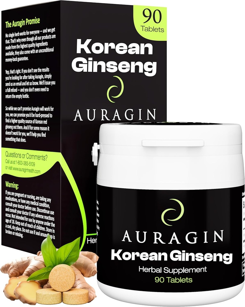 Auragin® Authentic Korean Red Ginseng – Made in Korea – 6 Year Raízes – Sem aditivos ou outros ingredientes – 100% Red Panax Ginseng em Cada Tablet